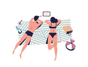 Relaxing people, sunbathing couple on beach blanket. Woman, man watching movie, video on tablet, spend time together. Summer vacation, lounge. Cartoon flat illustration isolated on white background.
