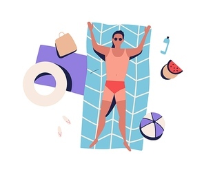 Top view sunbathing man with bad tanning, lying on beach blanket in swimsuit. Guy rest by sea, relax, chill, suntan. Summer vacation. Flat vector cartoon illustration isolated on white background.