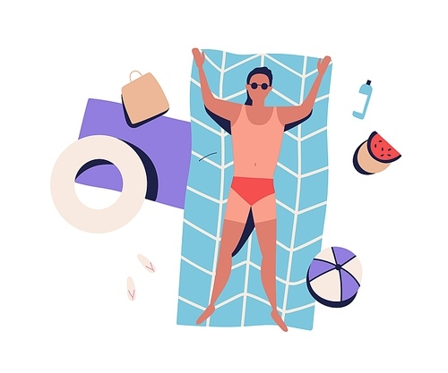 Top view sunbathing man with bad tanning, lying on beach blanket in swimsuit. Guy rest by sea, relax, chill, suntan. Summer vacation. Flat vector cartoon illustration isolated on white .