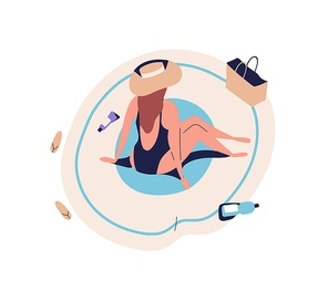 Cartoon single woman sunbathing, sitting on beach blanket in bikini, swimsuit. Tanning girl back. Sea rest, relaxing, chilling. Summer vacation. Flat vector illustration isolated on white background.