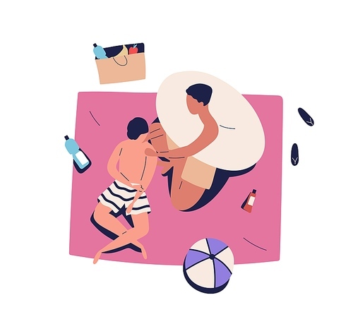 Relaxing homosexual men sunbathing on beach picnic. Gay couple spreading sun protection lotion. People, friends, chill, sit on blanket. Cartoon flat vector illustration isolated on white .
