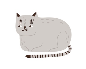 Funny childish gray cat vector flat illustration. Cute domestic animal with striped tail isolated on white background. Cheerful pet lying hiding paws under body. Cunning feline character.