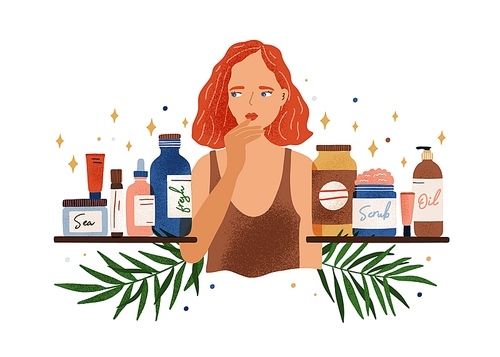 Pensive woman choosing organic cosmetics vector flat illustration. Thoughtful female choose natural beauty care product on shelves isolated. Buyer at shop with skincare products assortment.