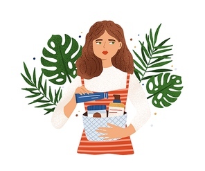 Portrait of woman holding basket with organic cosmetics vector flat illustration. Female choosing eco friendly skin care products decorated by tropical leaves and design element isolated on white.