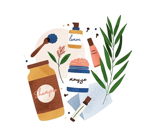 Colorful bottle and tubes of organic cosmetics with natural ingredients vector flat illustration. Eco friendly body, face and skincare isolated. Jars of beauty care composition with design elements.