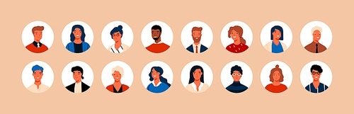 Set different person portrait of big diverse business team vector flat illustration. Collection of people avatars isolated. Bundle of joyful smiling colleagues. Man and woman faces at round frame.