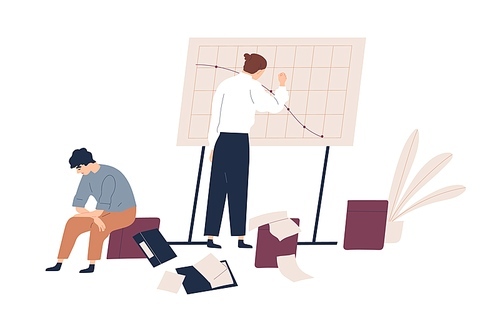 Business male drawing bankruptcy graph with declining diagram on board vector flat illustration. Upset men colleagues having finance problem at company isolated on white. Chart of profit drop.