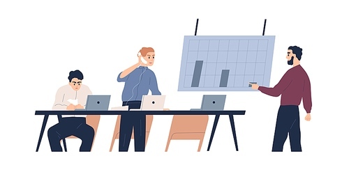 Team of male coworkers discuss graph of company bankruptcy vector flat illustration. Man boss shouting on phone to not motivated employees isolated on white. Profit drop, financial crisis or collapse.