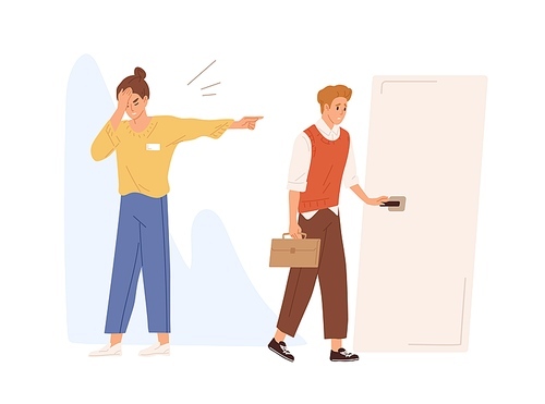 Young male employee dismissed from job vector flat illustration. Upset female employer pointing on door direction to fired worker isolated on white. Sad man discharged for bad work.