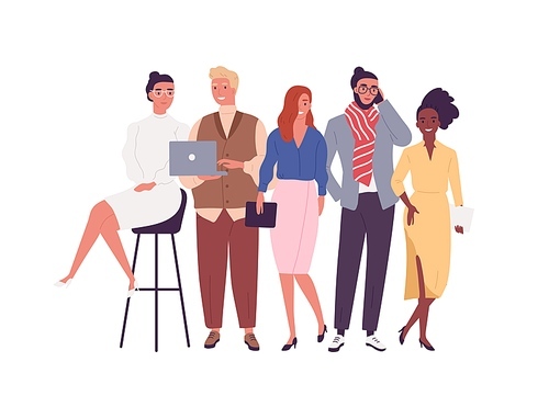 Group of different smiling young employee of multinational company vector flat illustration. Happy diverse business people posing together isolated on white. Joyful stylish modern man and woman.