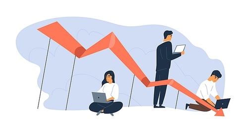 Business people use laptop with arrow point downwards vector flat illustration. Global financial crisis, recession and losing profits. Businessman and team during economy crash or bankruptcy isolated.