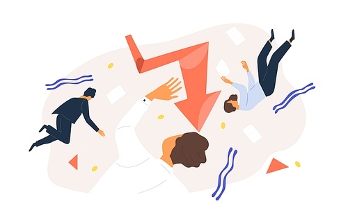 Finance collapse. Team of business people flying surrounded by geometric figure, document and graph vector flat illustration. Colorful man and woman during economic crisis or bankruptcy isolated.