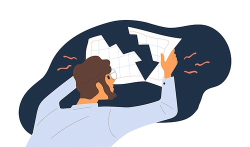 Shocked male hold document with financial graph downturn vector flat illustration. Economist guy looking on global economy crash and losing profit of company isolated. Business failure or bankruptcy.