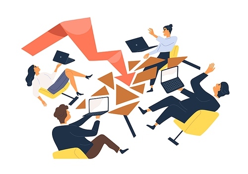 Business man and woman during economic crisis vector flat illustration. Team of office workers with laptop falling from chair isolated. Global finance problem, losing profits or company bankruptcy.