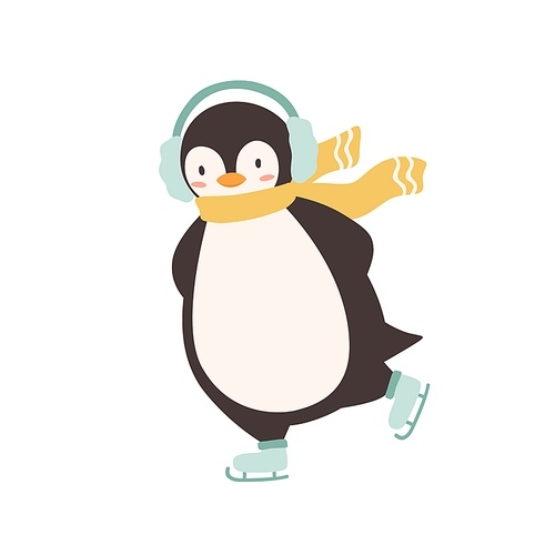 Funny penguin wearing earmuffs and scarf enjoying ice skating vector flat illustration. Cute arctic animal during outdoors activity isolated on white . Colorful polar baby bird having fun.