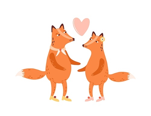 Couple of cute scandinavian foxes in love, heart above. Childish cartoon animals. 14 february, valentines day decorative element. T shirt . Flat vector illustration isolated on white .