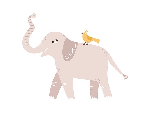 Cute childish gray elephant raising up trunk vector flat illustration. Little amusing bird sitting on back of huge wild animal isolated on white. Funny cartoon characters friends walking together.