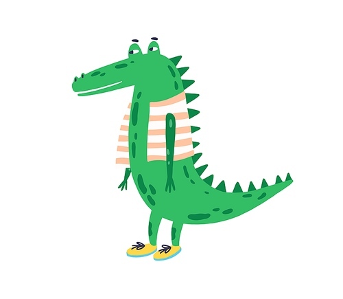 Funny childish crocodile in shoes and vest vector flat illustration. Cute friendly alligator standing isolated on white . Smiling green exotic predator or tropical reptile.