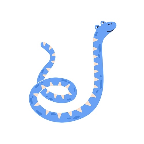 Childish animal portrait. Cute, funny, bright blue striped snake or suspicious python character. Design element for t shirt . Flat vector cartoon illustration isolated on white .
