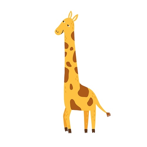 Childish cub zoo animal portrait. Cute, funny, African giraffe. Scandinavian character for nursery. Design element for t shirt . Flat vector cartoon illustration isolated on white .