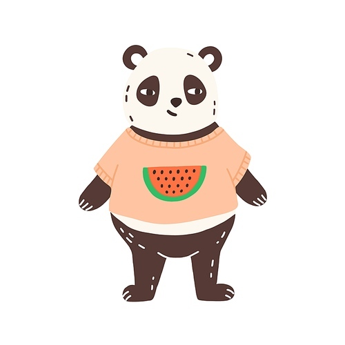 Childish character, funny panda portrait in t shirt, watermelon . Cute bear, teddy hugs, animal toy. Hand drawn, decorative, decoration element. Flat vector cartoon illustration isolated on white