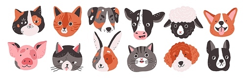 Set of happy funny domestic animals or farm pet. Different faces, muzzles, heads or avatars. Cats, dogs, sheep, cow, pig, rabbit or hare. Flat vector cartoon illustration isolated on white .