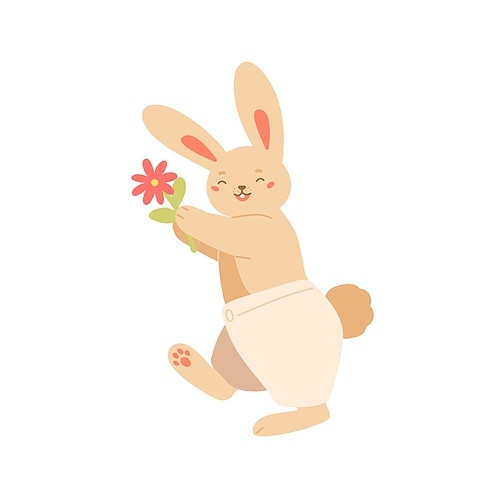 cute smiling rabbit with flower vector flat illustration. joyful bunny in funny pants isolated on white . childish happy animal walking with colorful blossom plant.