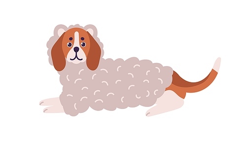 Cute colorful dog beagle breed wearing funny woolen sheep costume vector flat illustration. Adorable domestic animal lying dressed in warm apparel isolated on white. Pet with big ears in garment.