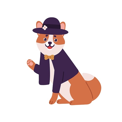 Smiling dog shiba inu breed wearing suit with bow and hat vector flat illustration. Friendly fashion domestic animal waving hand isolated on white . Cute pet wearing stylish apparel.