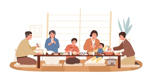 Smiling Japanese family eating national food together vector flat illustration. Happy children, parents and grandparents sitting on floor at table having traditional festive dinner isolated on white.