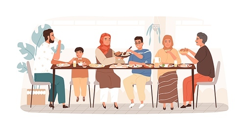 Traditional Arabic big family having dinner together vector flat illustration. National muslim relatives eating and drinking sitting at table isolated on white. People at holiday meal.