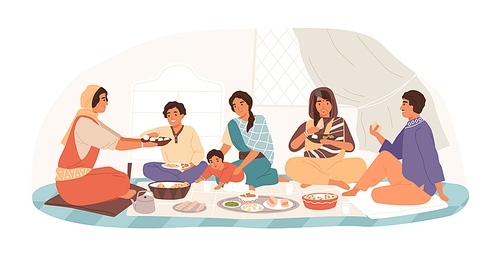 Happy traditional Indian family at festive dinner vector flat illustration. Children, parents and grandparents eating national dishes together isolated on white. Smiling people at holiday meal.