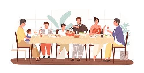 Happy Italian family enjoying festive dinner together vector flat illustration. Smiling relatives eating national dishes, drinking wine and talking to each other isolated on white. Holiday meal.