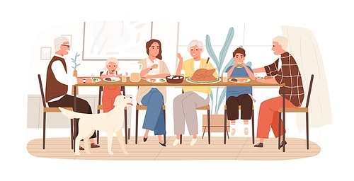 Joyful American family celebrating holiday sitting at dining table vector flat illustration. Happy children, parents and grandparents eating and drinking spending time together isolated on white.