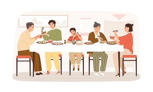 Smiling Korean family eating national food sitting at table vector flat illustration. Happy people at festive dinner isolated on white. Children, parents and grandparents spending time together.