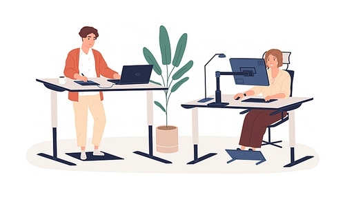 People working at modern ergonomic workplace vector flat illustration. Man and woman employees sitting and standing behind innovative furniture isolated on white. Contemporary workspace interior.