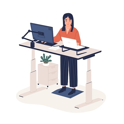 Smiling woman employee working at ergonomic workstation vector flat illustration. Contemporary office furnituring with computer and laptop isolated on white. Female standing on foot rest behind desk.