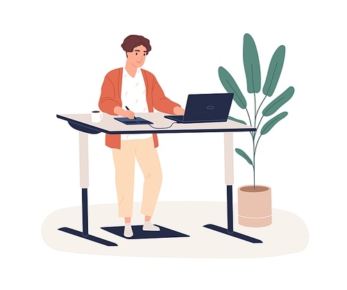 Male designer working at modern ergonomic workplace vector flat illustration. Smiling man standing behind innovative furniture on footrest isolated. Guy use graphic tablet and laptop at workstation.