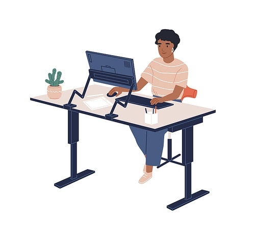 Smiling black skin female employee sitting at modern ergonomic workplace vector flat illustration. Joyful woman working at computer isolated on white. Contemporary office adjustable furnituring.