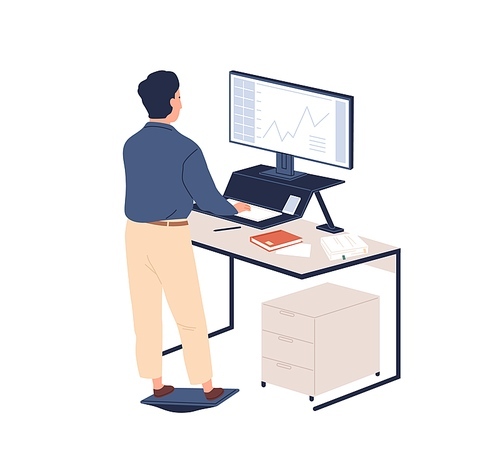 Male employee behind ergonomic furniture working on computer vector flat illustration. Man standing on footrest looking to monitor at contemporary workstation isolated. Staff at modern regulate table.