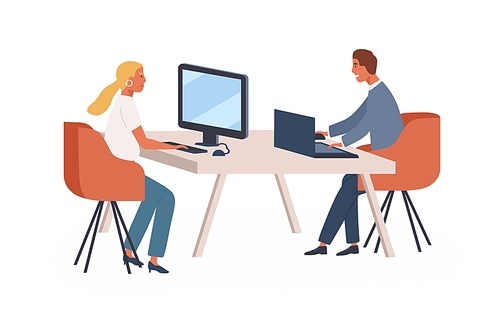 People, colleagues or partners at computer and laptop in modern coworking office. Woman and man share workplace at desktop. Open space in flat vector cartoon illustration isolated on white .