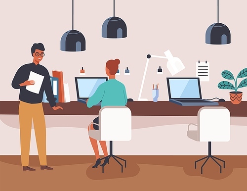 Black skin colleagues at modern co working office vector flat illustration. Male clerk hold paper document talk to female during work on laptop. Boss and employee communicate at corporate workspace.