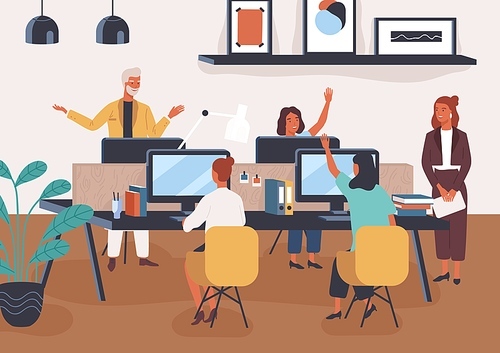 Friendly colleagues taking part in voting raising hand at modern co working space vector flat illustration. Group of smiling employees discussing work together. People sitting at desk with computers.
