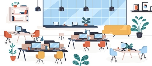 Modern mid century office, open space. Comfy houseplant, chair, desktops. Comfortable coworking place or workplace, stylish furniture, interior decoration, design. Flat cartoon vector illustration.