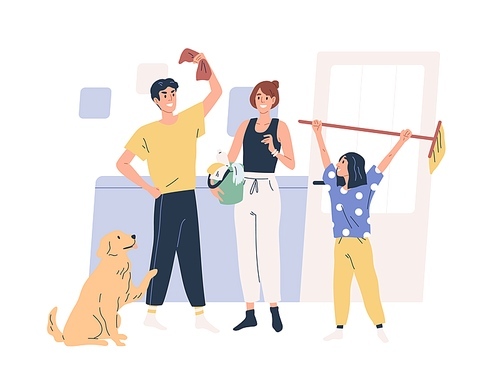 Smiling family doing housework together vector flat illustration. Happy father, mother, daughter and dog standing with cleaning equipment isolated on white. People holding mop, rag and bucket.