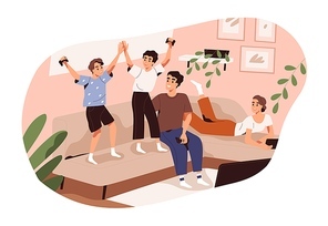Happy family spending time together at home vector flat illustration. Parents and children playing video games together isolated on white. Joyful kids jumping on couch celebrating victory having fun.