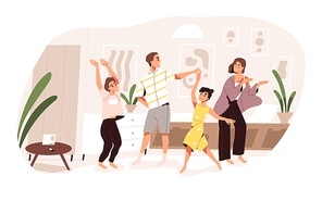 Smiling family dancing having fun at home vector flat illustration. Joyful parents and kids clapping hands and demonstrate dance movements isolated. Happy active people spending time together.