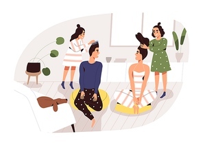 Two creative girl making hairstyle to parents having fun at home vector flat illustration. Mother and father playing to hairdressing salon with kids isolated. Happy family spending time together.