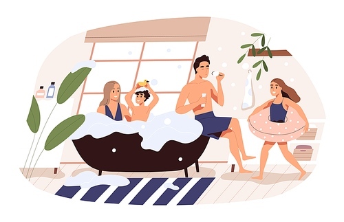 Family having fun taking bath together vector flat illustration. Mother, father and children blowing soap bubble, floating in foam, wearing lifebuoy isolated. Parents and kids spending time at home.