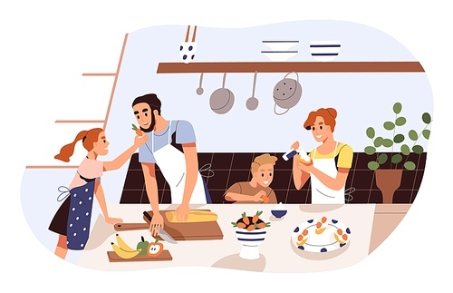 Smiling family cooking and trying dessert together vector flat illustration. Mother, father and children preparing strawberry with whipped cream isolated. Parents and kids spending time at kitchen.